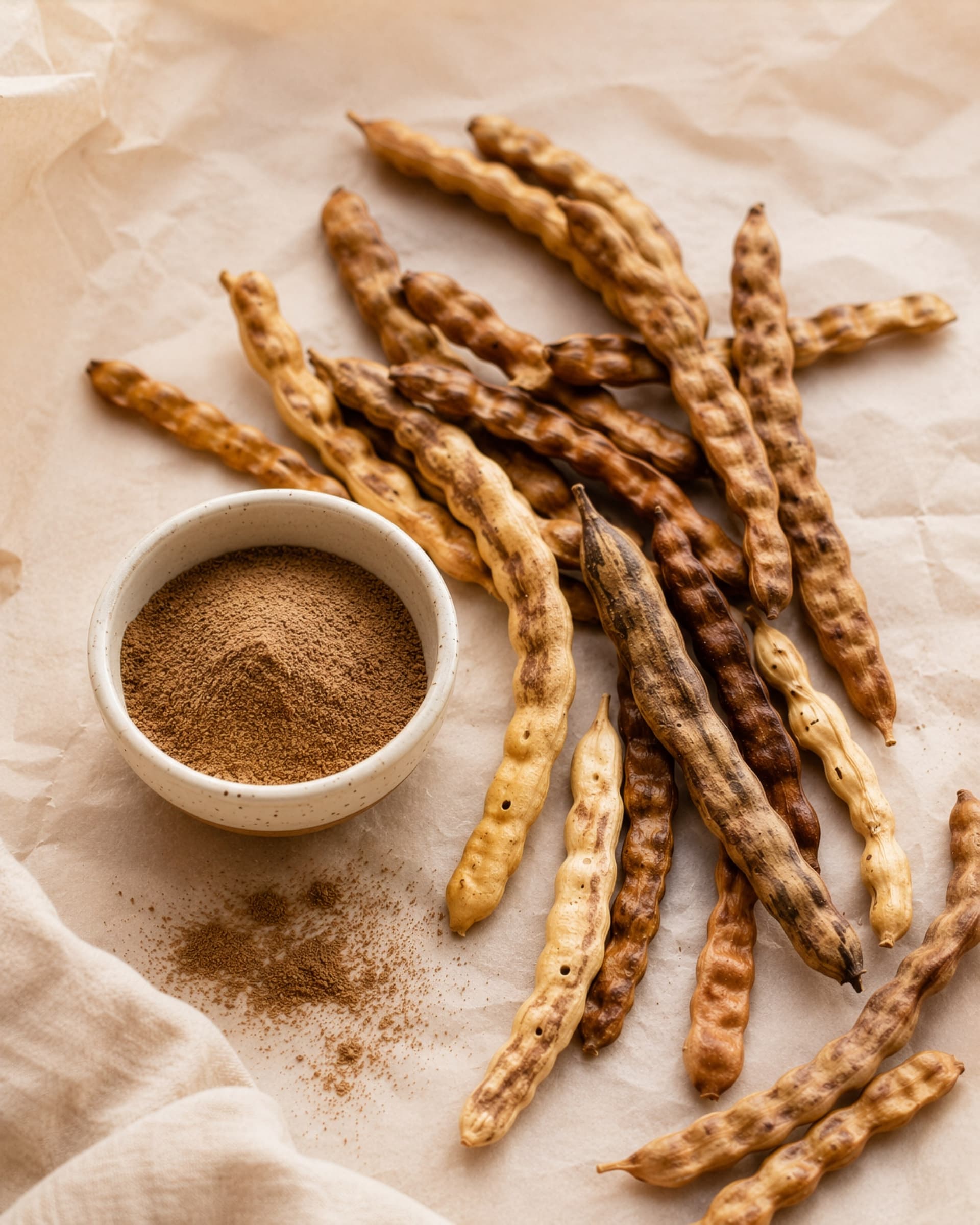 Mesquite pods on cream paper with a white bowl
