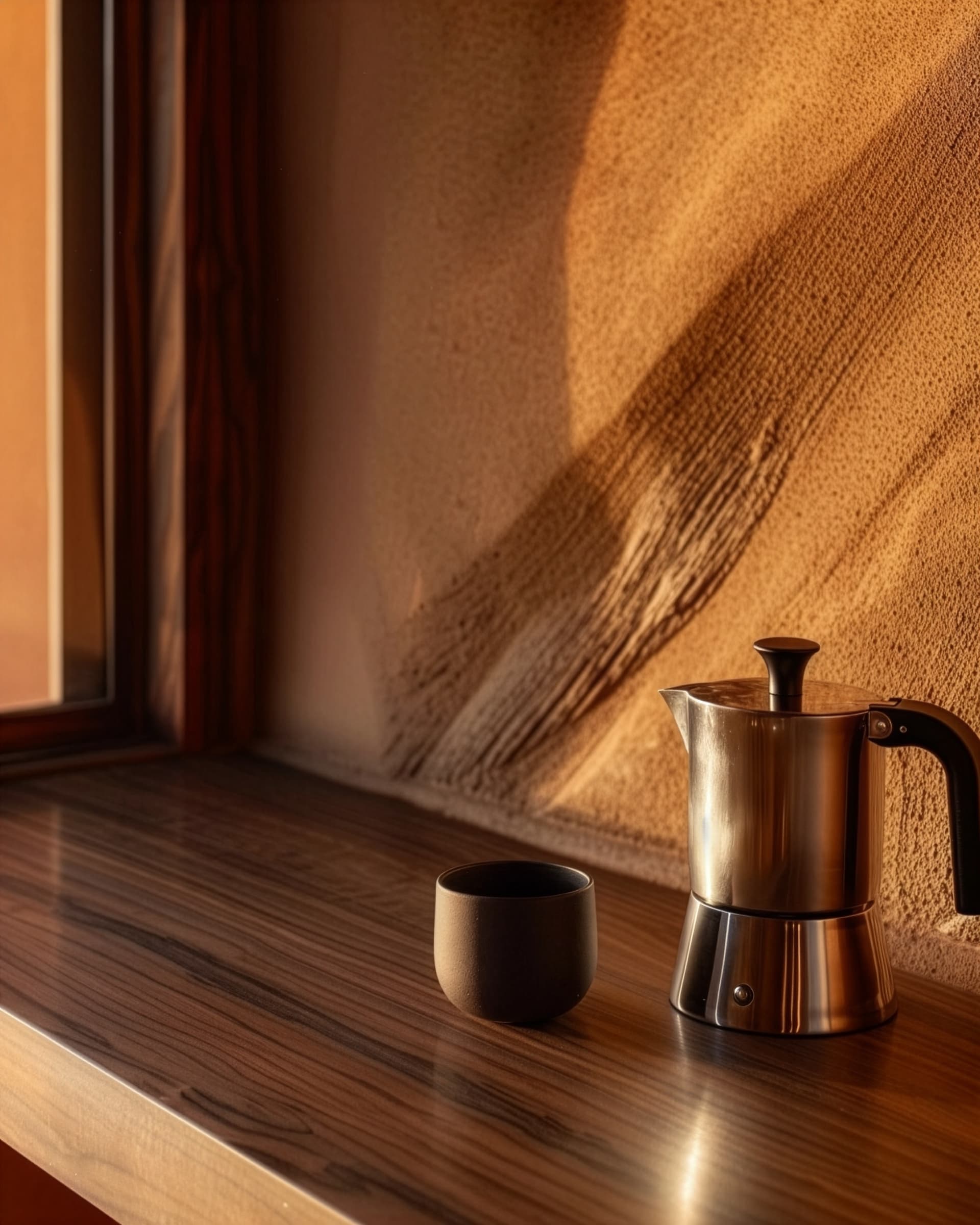 A moka pot on a wood counter