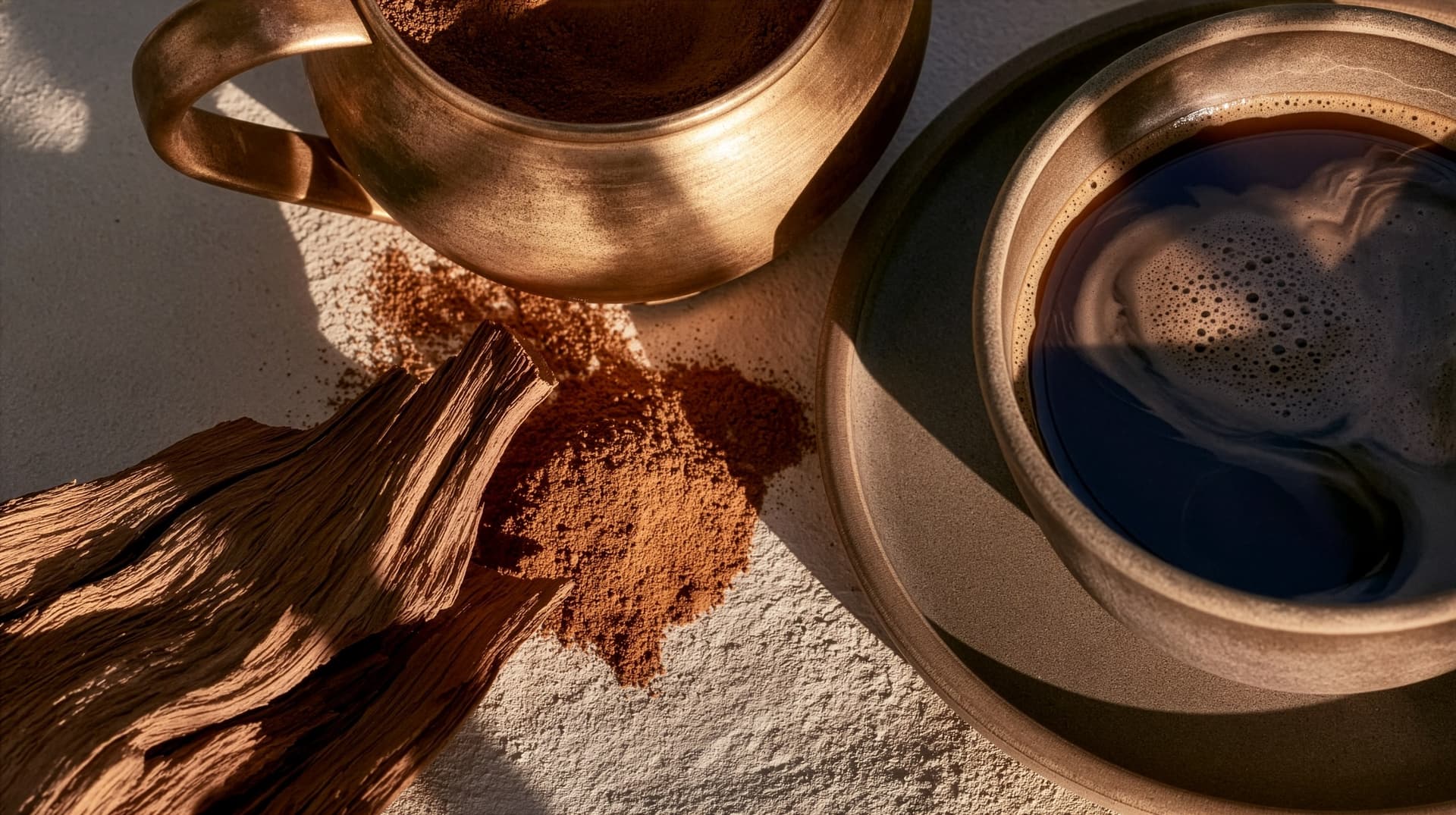 Mesquite powder, a brass kettle and a cream cup
