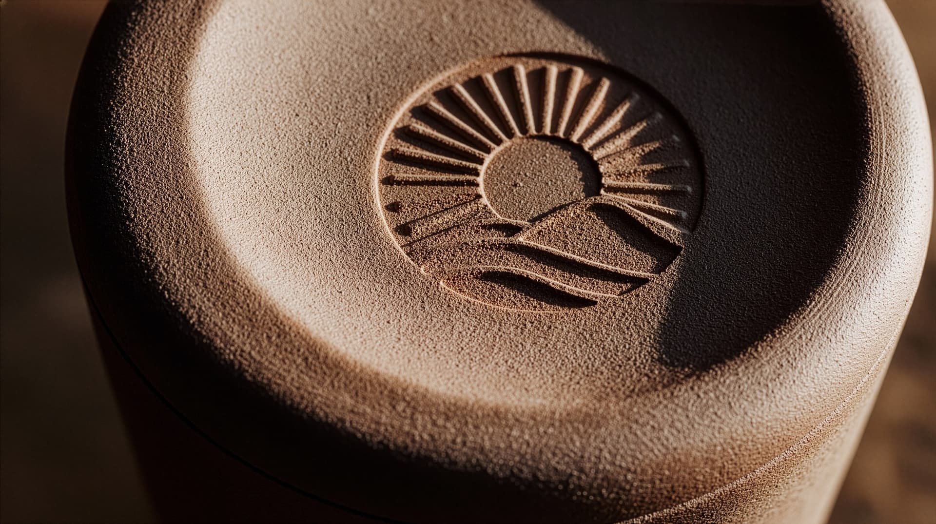 The debossed sun-over-horizon mark, macro