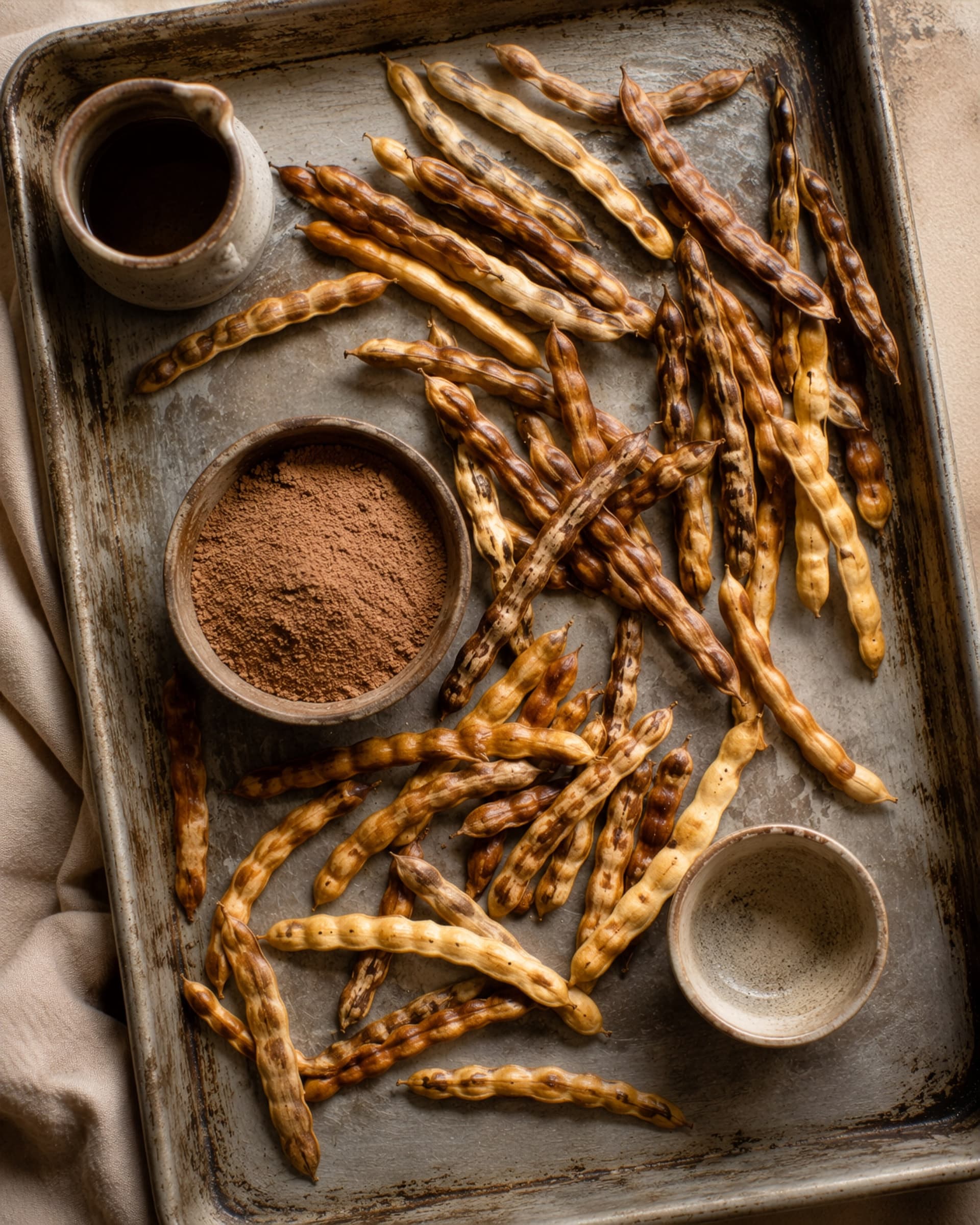 Pods, powder and a cup on a tray