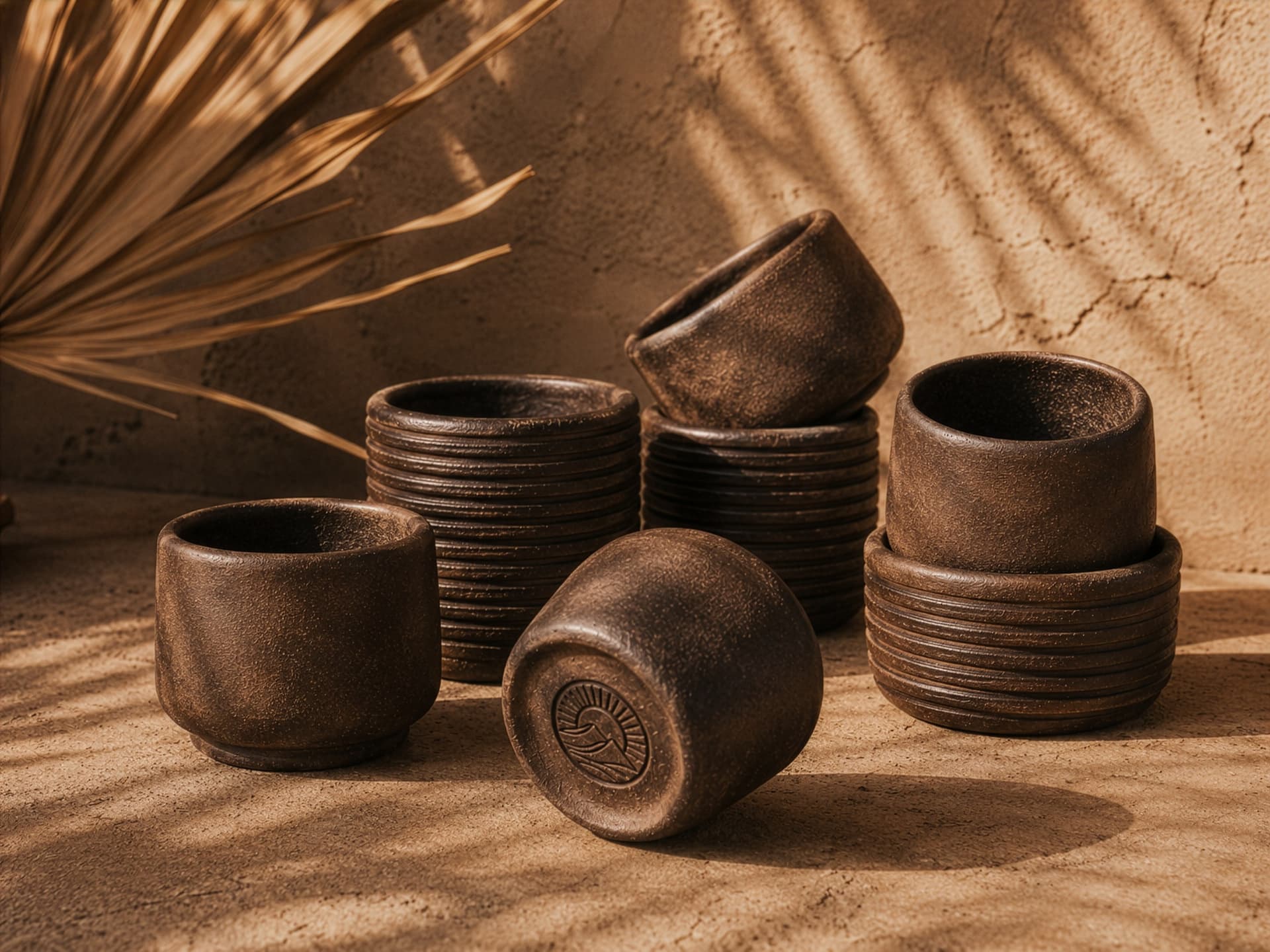 The debossed sun-over-horizon mark on a clay vessel